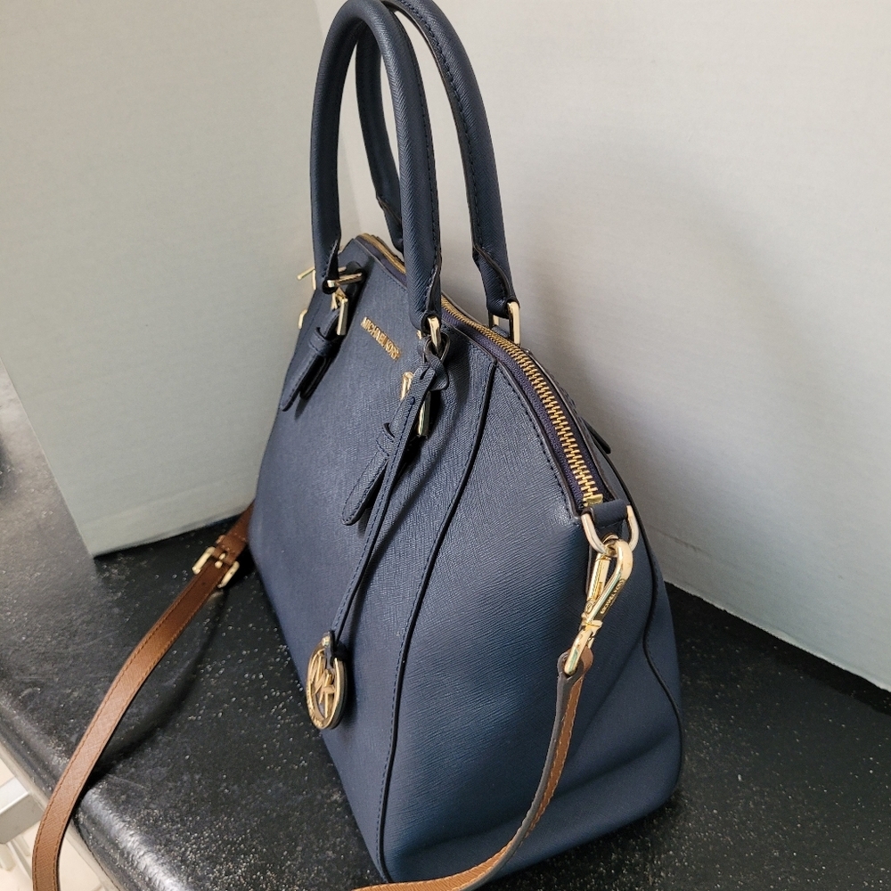 Michael Kors Navy Blue Ciara Satchel Bag With Brown Crossbody Strap - Picture 6 of 15